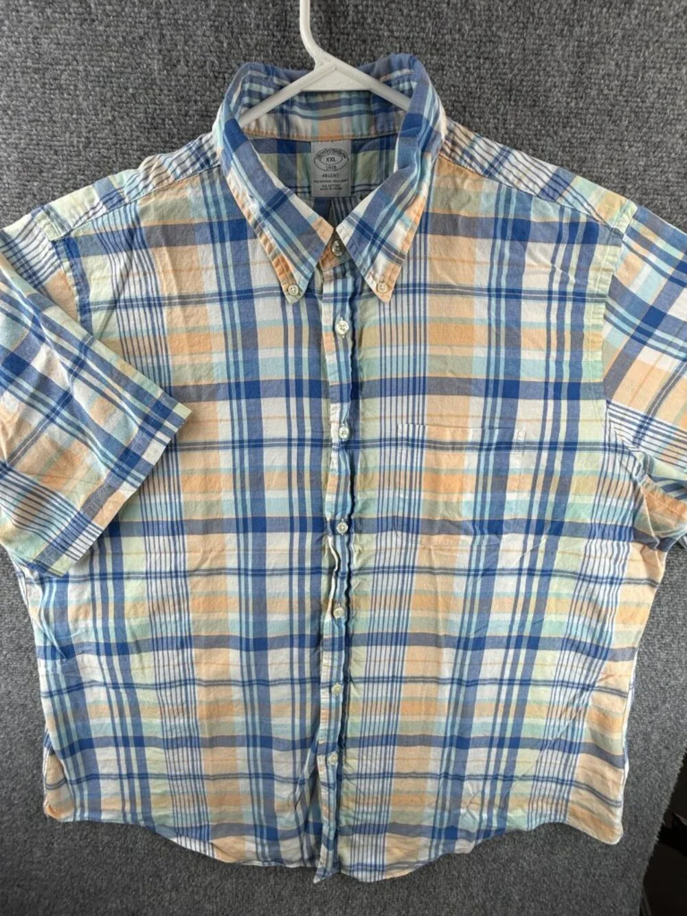 Brooks Brothers Beige Blue Plaid Button-Down 2XL Short Sleeve Regent Cotton Mens